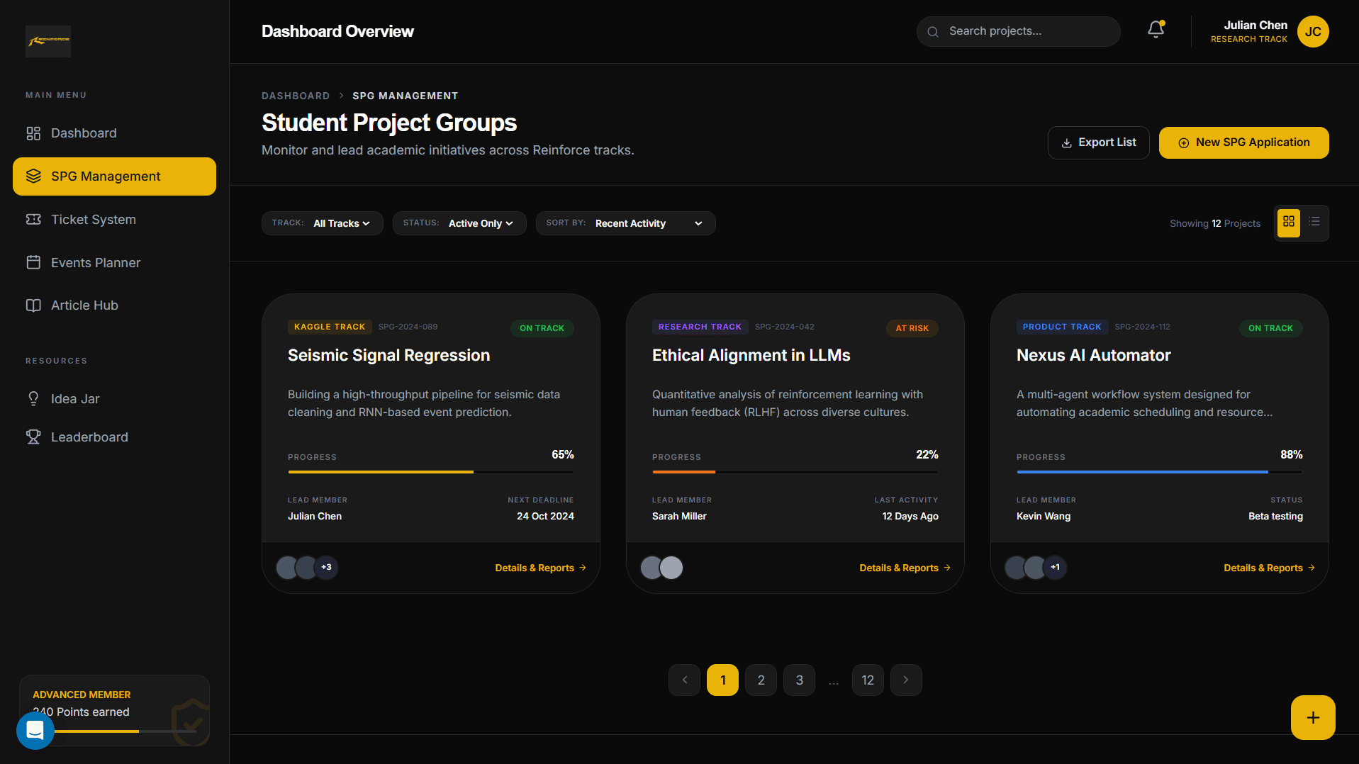 Student project groups interface with sample projects